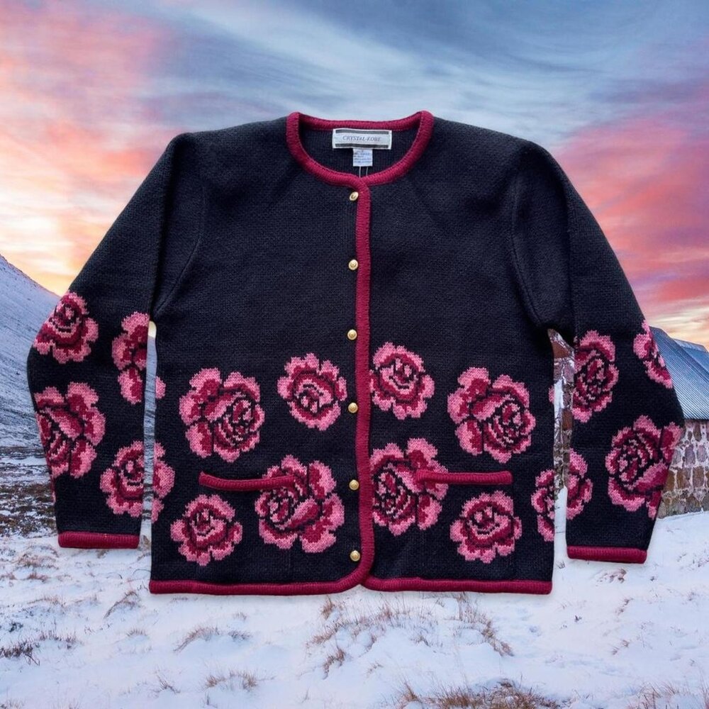 NWT Vintage 90s Crystal Kobe Floral Knit Cardigan Grandmacore Coquette Cottage S